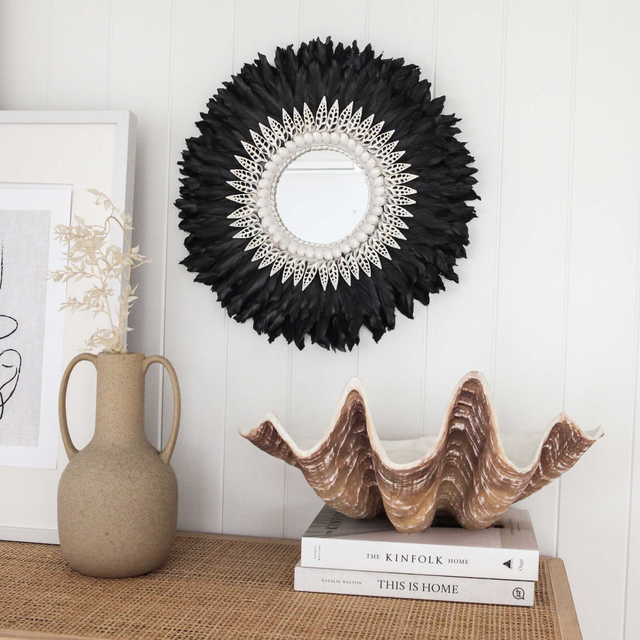 Black Juju Feather and Shell Decorative Mirror Stitch & Straw