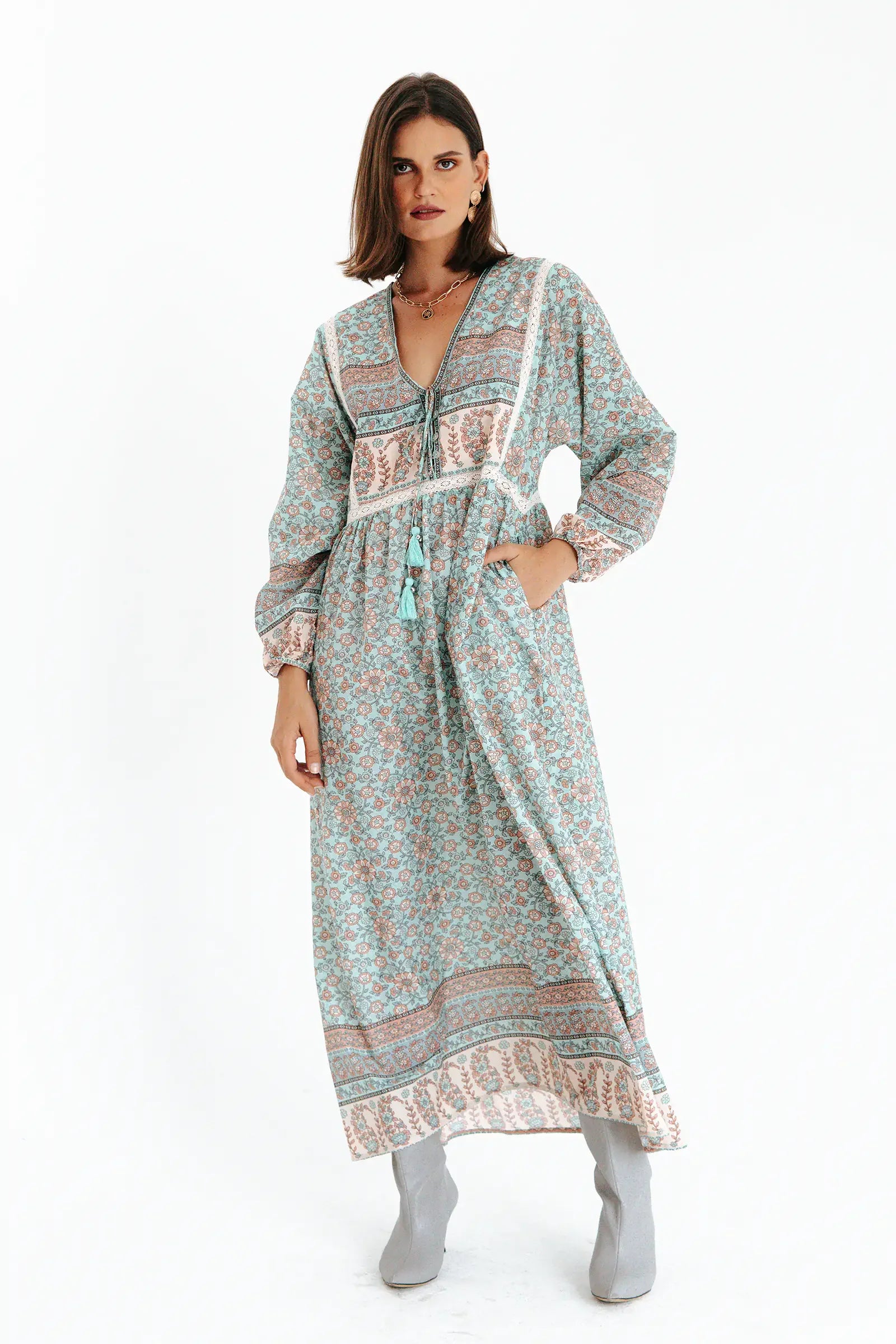 Athena Long Sleeve Turquoise Maxi Dress Green - FLEURMOON Athena Long Sleeve Turquoise Maxi Dress Green - FLEURMOON