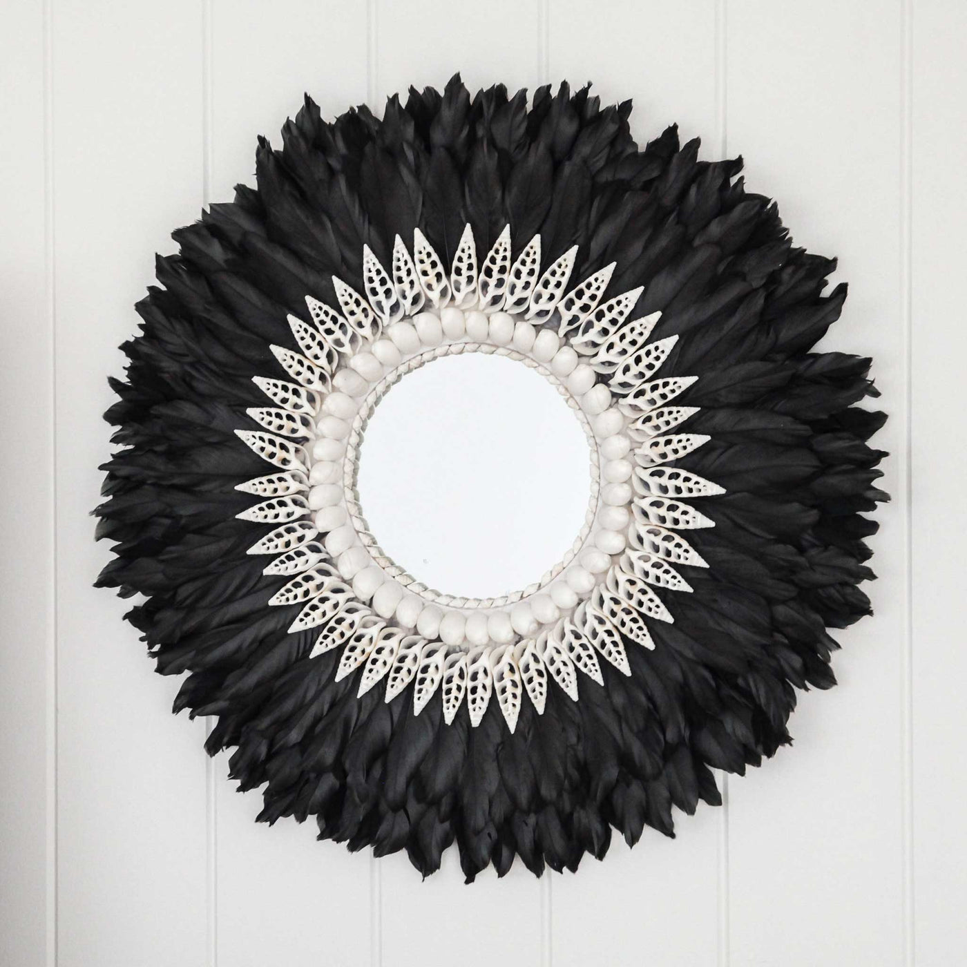 Black Juju Feather and Shell Decorative Mirror