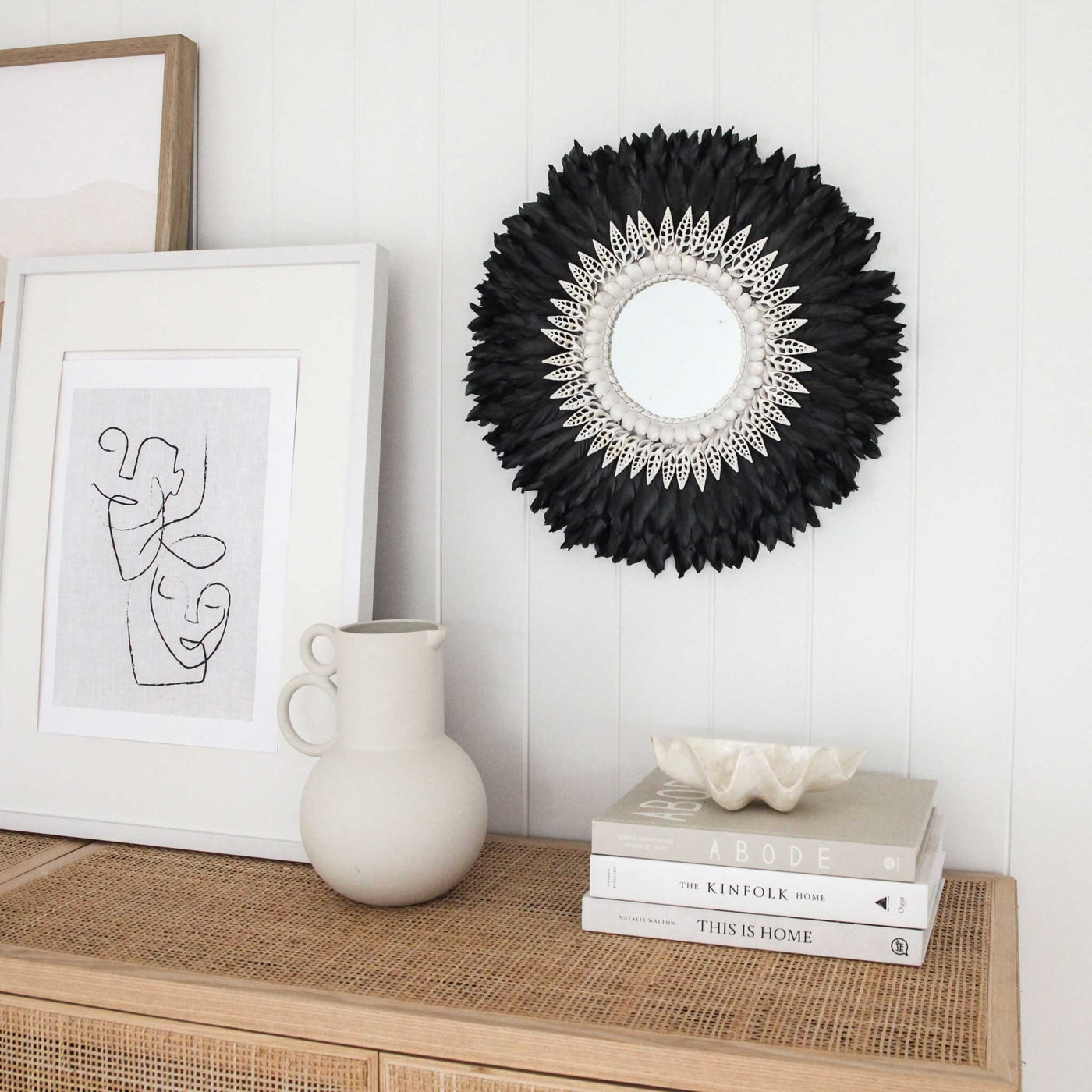 Black Juju Feather and Shell Decorative Mirror