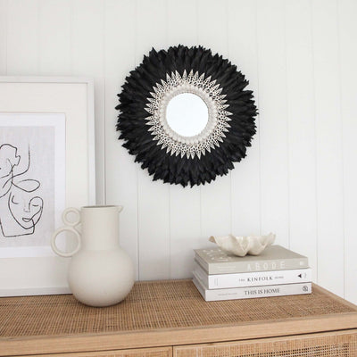 Black Juju Feather and Shell Decorative Mirror