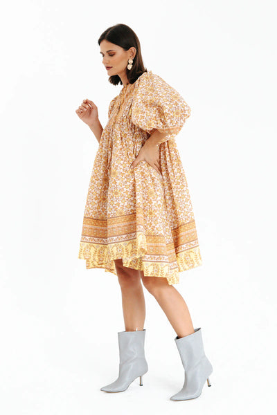Hazel Lemon Yellow Puff Sleeve Mini Dress