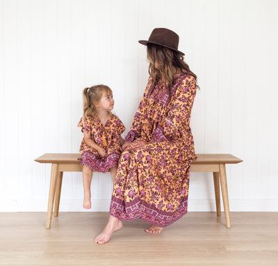 PEACH WITH PURPLE FLOWER BOHEMIAN DRESSES MOTHER DAUGHTER MATCHING OUTFIT 