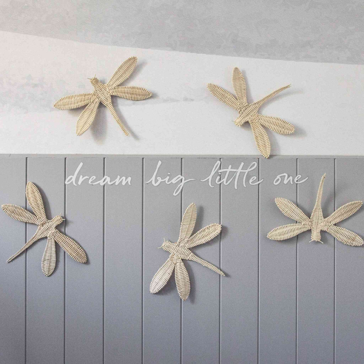 Set of 5 woven dragonfly rattan decals styled on a grey wall.