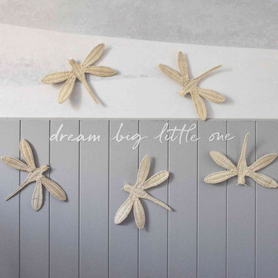 Set of 5 woven dragonfly rattan decals styled on a grey wall.